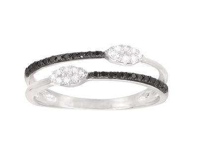 Bague double rangs, 2 pastilles diamants blancs 0,07ct et diamants noirs 0,12 ct, Or gris 18k, doigt 56 - Image Standard - 1