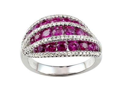 Bague trois rangs, diamants 0,34ct et rubis 1,89ct, Or gris 18k, doigt 58 - Image Standard - 1