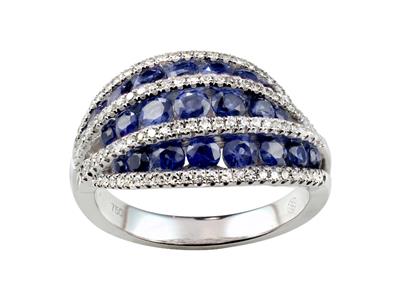 Bague trois rangs, diamants 0,34ct et saphirs 1,98ct, Or gris 18k, doigt 58 - Image Standard - 1