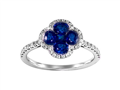 Bague fleur 4 pétales 11 mm, diamants 0,26ct et saphirs 1,15ct, Or gris 18k, doigt 54 - Image Standard - 1