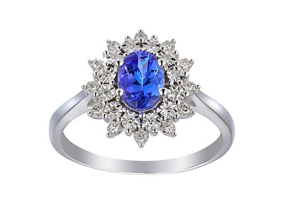 Bague Riviera 12 x 14 mm, tanzanite ovale 0,96ct et diamants 0,09ct, Or gris 18k, doigt 52