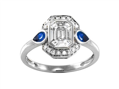 Bague Cocktail 9 x 11 mm, diamants ronds et baguettes 0,42ct, saphirs taille poire 0,35ct, Or gris 18k, doigt 56 - Image Standard - 1