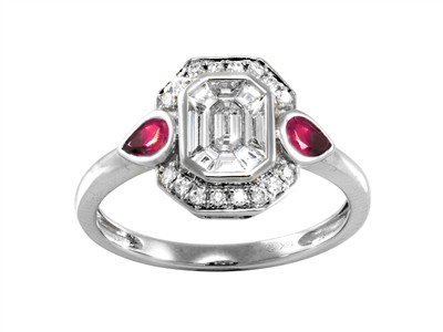 Bague Cocktail 9 x 11 mm, diamants ronds et baguettes 0,44ct, rubis taille poire 0,36ct, Or gris 18k, doigt 56 - Image Standard - 1