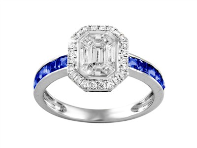 Bague Harmonie 9 x 11 mm, diamants ronds et baguettes 0,50ct, saphirs taille princesse 0,83ct, Or gris 18k, doigt 56 - Image Standard - 1