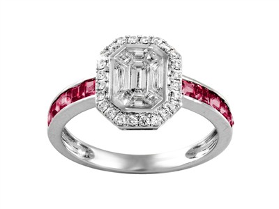 Bague Harmonie 9 x 11 mm, diamants ronds et baguettes 0,49ct, rubis taille princesse 0,82ct, Or gris 18k, doigt 52 - Image Standard - 1