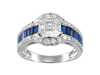 Bague Empire 11 mm, diamants ronds et baguettes 0,97ct, saphirs baguettes 1,23ct, Or gris 18k, doigt 56 - Image Standard - 1
