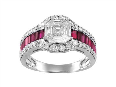 Bague Empire 11 mm, diamants ronds et baguettes 0,97ct, rubis baguettes 1,04ct, Or gris 18k, doigt 56 - Image Standard - 1