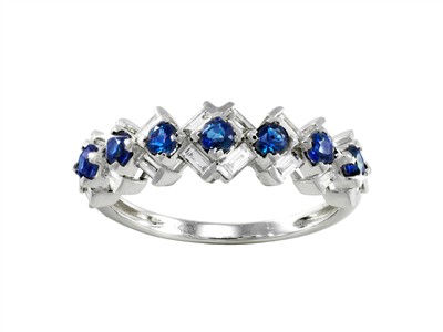 Bague Mosaïque 6 mm, diamants baguettes 0,41ct et saphirs ronds 0,57ct, Or gris 18k, doigt 52 - Image Standard - 1