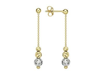 Boucles doreilles 3 Boules pendantes sur chaîne 11 mm, 35 mm, Or bicolore 18k
