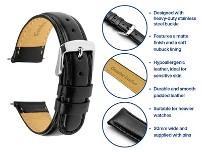 Bracelet montre en cuir de veau bombé Noir, 20 mm - Image Standard - 4