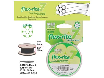 Fil Flexrite 7 brins, 0,45 mm, doré, 9,14 mètres, Beadsmith - Image Standard - 3