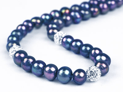Collier Perles de culture noires 6 mm avec perles de cristal, 43 cm, fermoir Argent 925